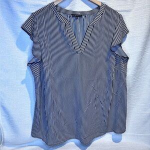 Adrianna Papell Navy and White Vertical Stripe V-Neck Cap Sleeve Top